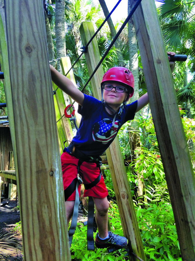 A boy navigates the Chutes & Ladders maze in Treetop Trek at Brevard Zoo | Viera FL
