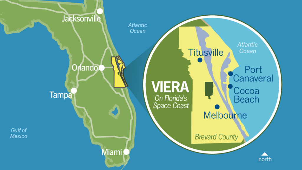 Map art of Florida and Brevard County, showing Viera location