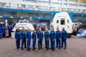 The nine astronauts assigned to the first test flight and mission of both Boeing’s CST-100 Starliner and SpaceX’s Crew Dragon