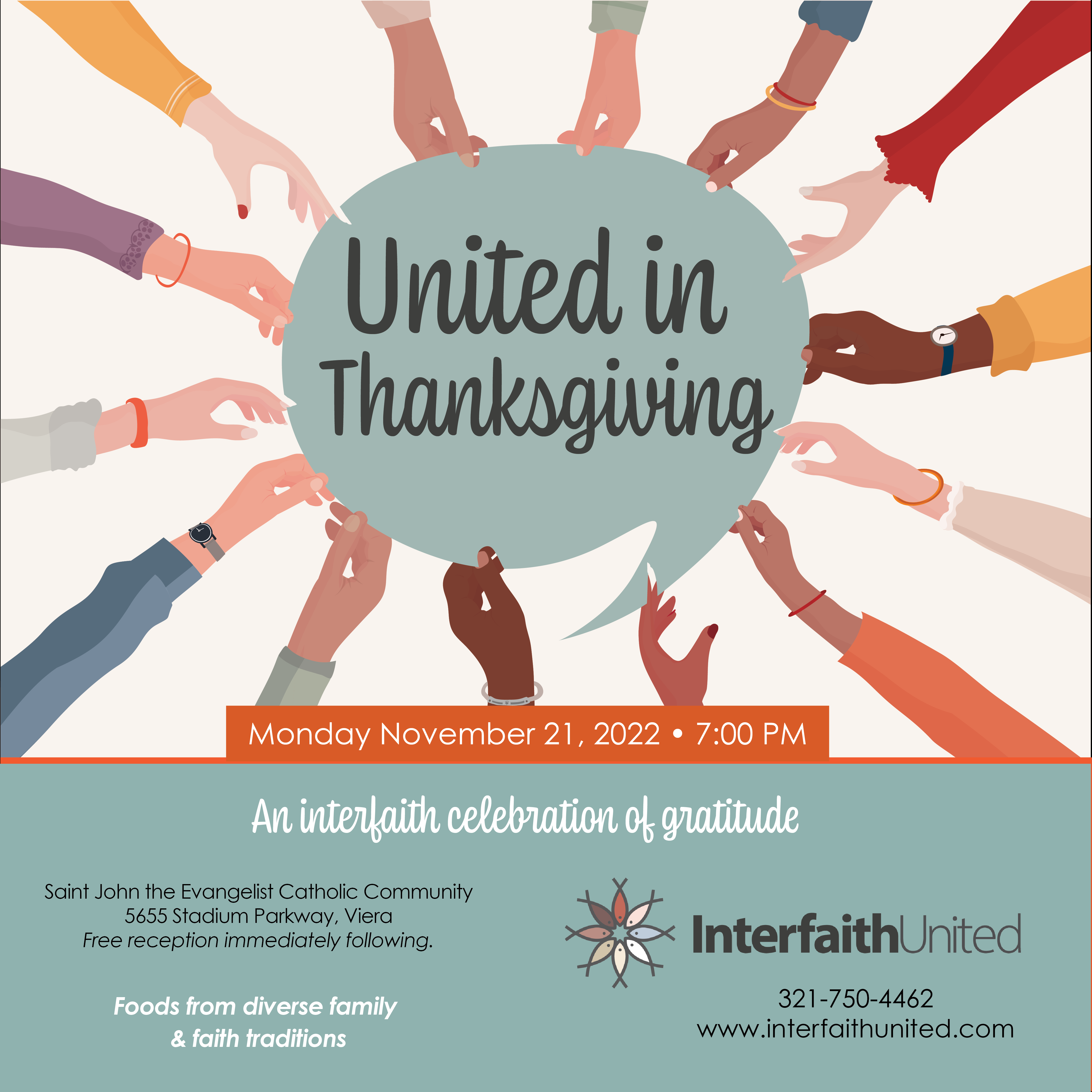 United in Thanksgiving Monday November 21, 2022- 7pm at Saint John the Evangelist Church 5655 Stadium Parkway, Viera